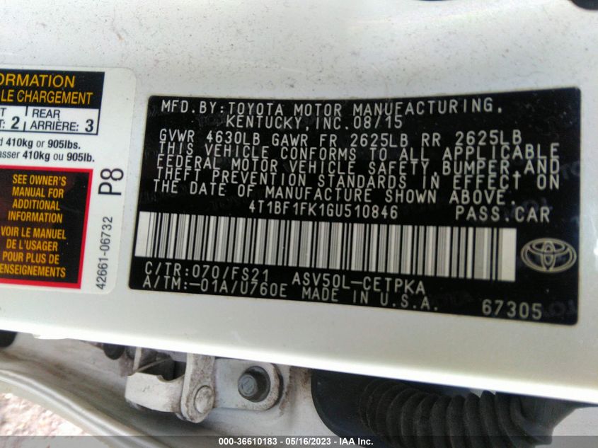 2016 TOYOTA CAMRY XLE/SE/LE/XSE - 4T1BF1FK1GU510846