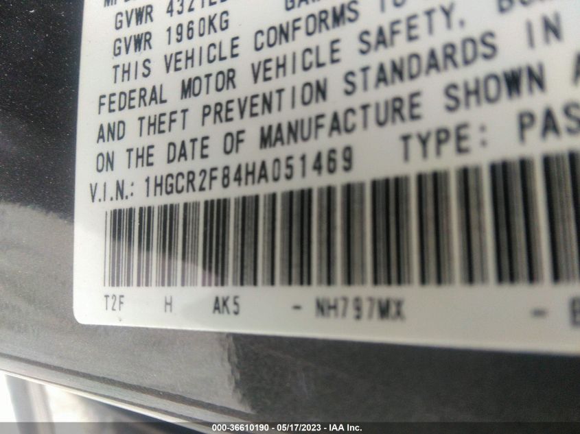 2017 HONDA ACCORD SEDAN EX-L - 1HGCR2F84HA051469