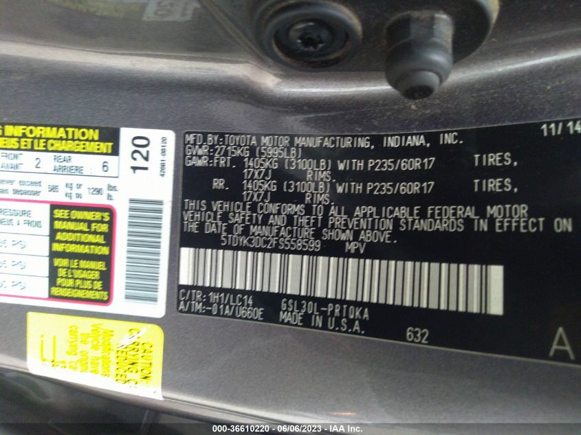 2015 TOYOTA SIENNA XLE/XLE AAS/LTD - 5TDYK3DC2FS558599