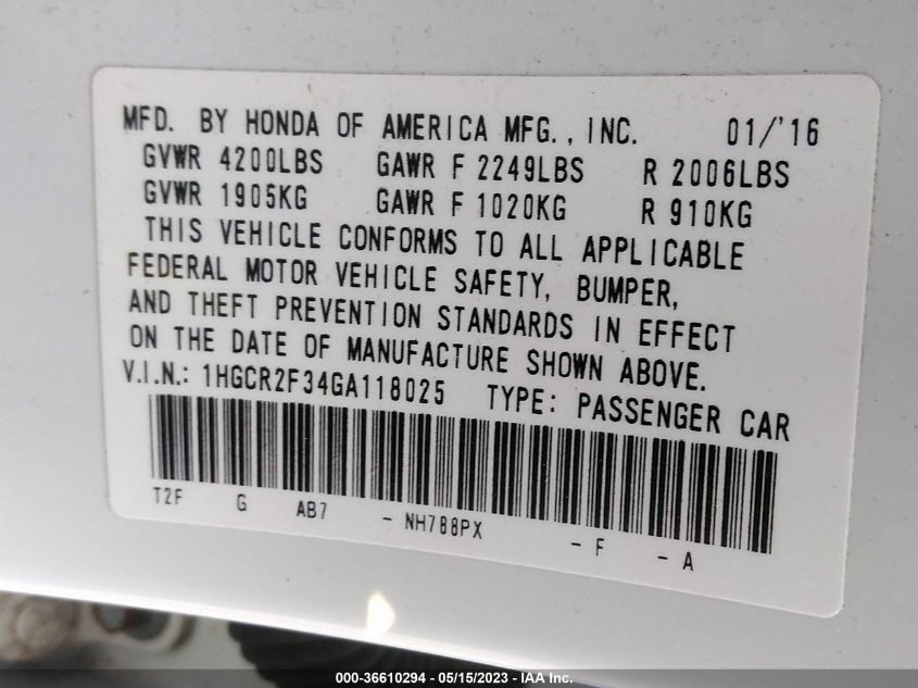 2016 HONDA ACCORD SEDAN LX - 1HGCR2F34GA118025