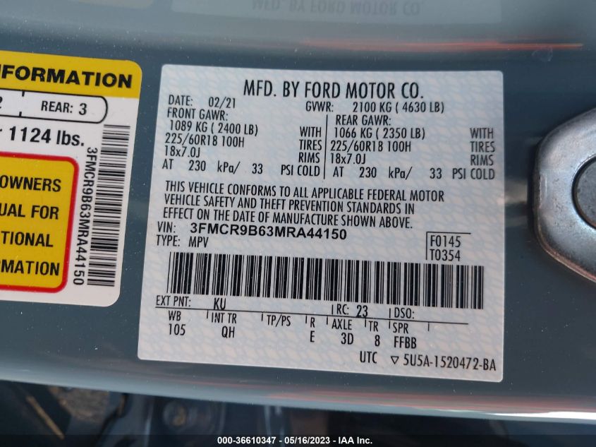 2021 FORD BRONCO SPORT BIG BEND - 3FMCR9B63MRA44150