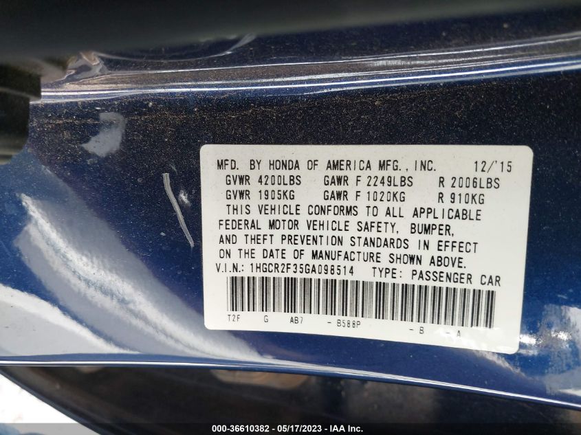 2016 HONDA ACCORD SEDAN LX - 1HGCR2F35GA098514