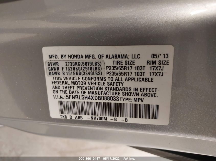 VIN 5FNRL5H4XDB088033 2013 HONDA ODYSSEY no.9