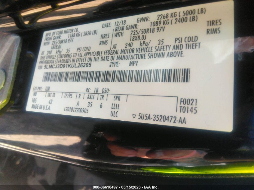 2019 LINCOLN MKC RESERVE - 5LMCJ3D91KUL26205