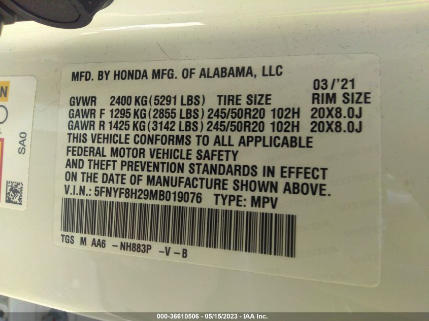 VIN 5FNYF8H29MB019076 2021 HONDA PASSPORT no.9