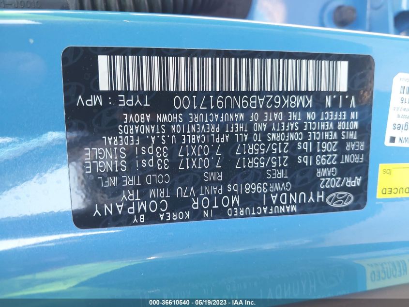 2022 HYUNDAI KONA SEL - KM8K62AB9NU917100