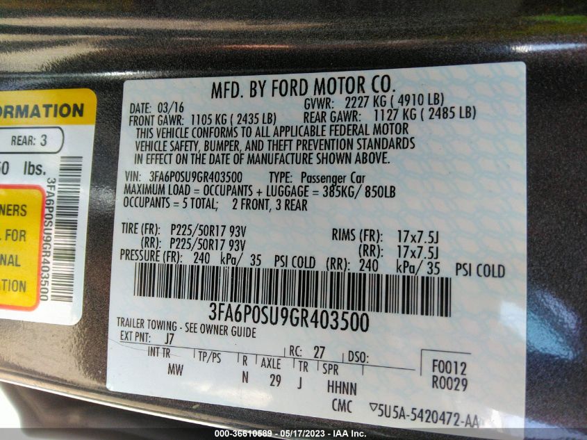 2016 FORD FUSION ENERGI TITANIUM - 3FA6P0SU9GR403500