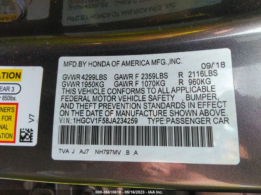 2018 HONDA ACCORD SEDAN EX-L 1.5T - 1HGCV1F58JA234259