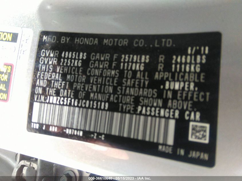 2018 HONDA CLARITY PLUG-IN HYBRID JHMZC5F16JC015189