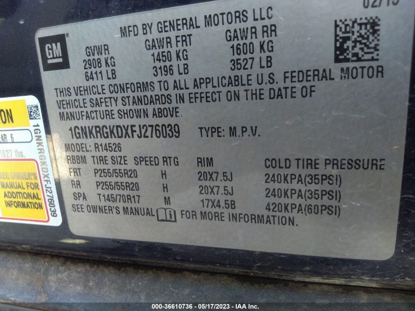 2015 CHEVROLET TRAVERSE LT - 1GNKRGKDXFJ276039