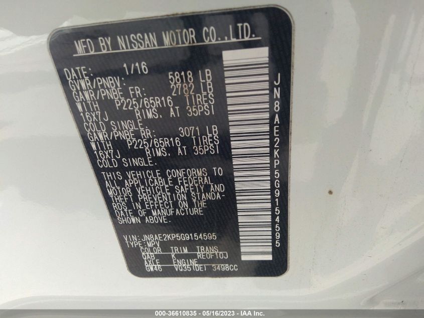 2016 NISSAN QUEST SV/S/PLATINUM/SL - JN8AE2KP5G9154595