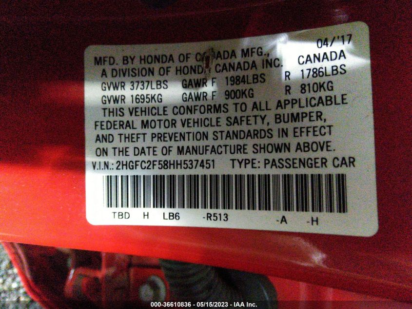 2017 HONDA CIVIC SEDAN LX - 2HGFC2F58HH537451