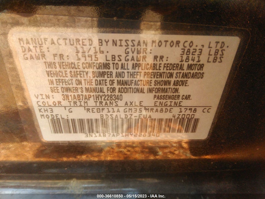 VIN 3N1AB7AP1HY228340 2017 NISSAN SENTRA SV