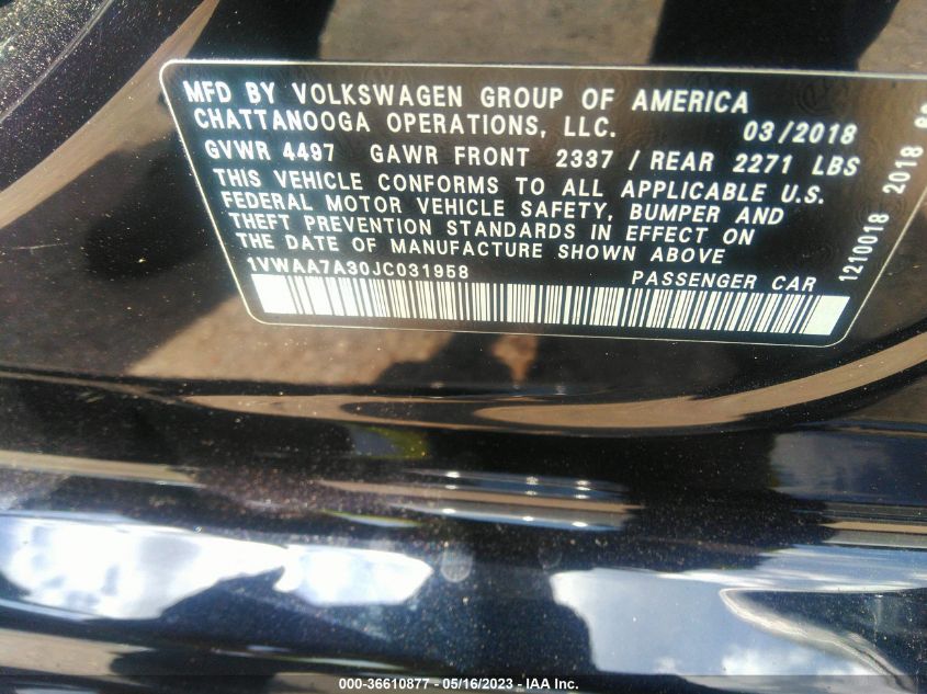 2018 VOLKSWAGEN PASSAT 2.0T S/R-LINE - 1VWAA7A30JC031958