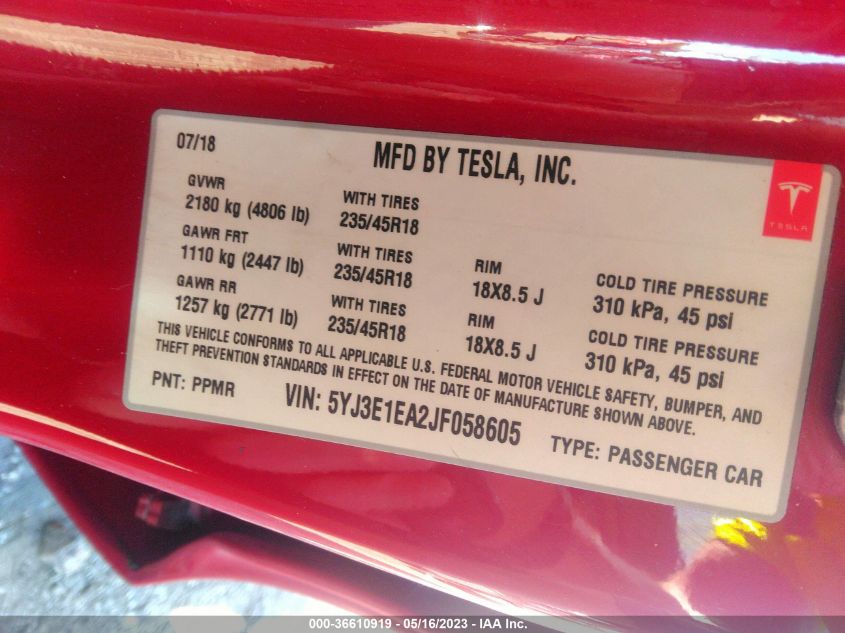 2018 TESLA MODEL 3 RANGE BATTERY - 5YJ3E1EA2JF058605