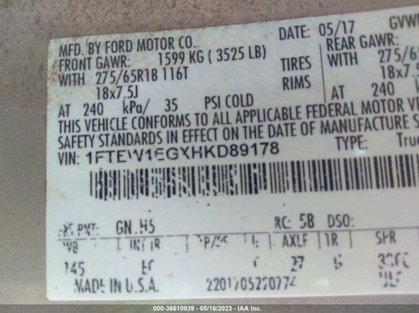 2017 FORD F-150 XL/XLT/LARIAT - 1FTEW1EGXHKD89178