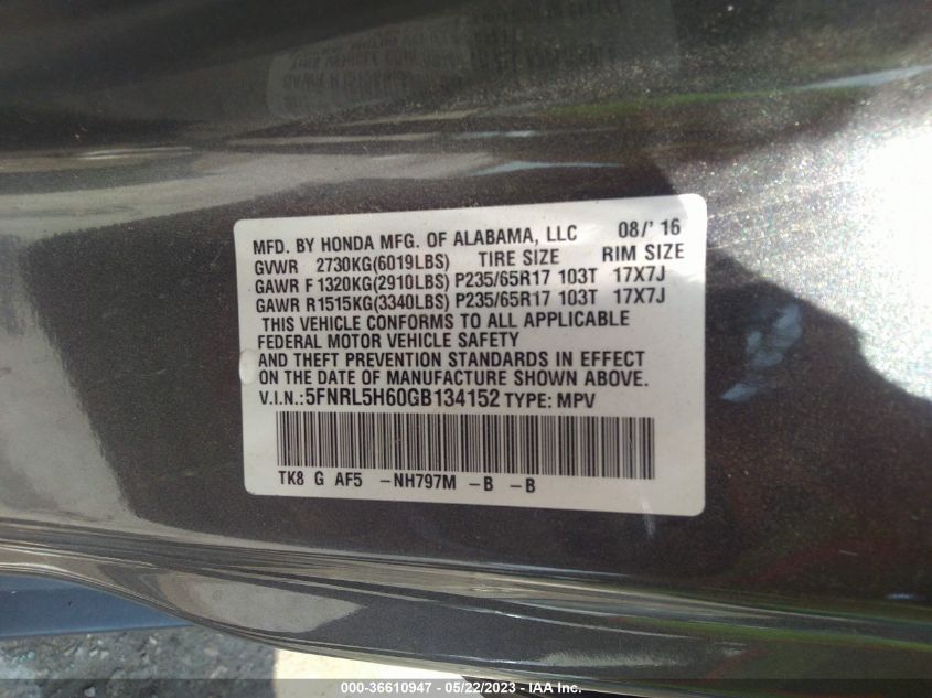 2016 HONDA ODYSSEY EX-L - 5FNRL5H60GB134152