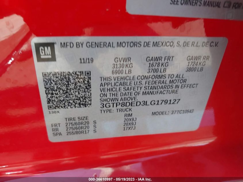 2020 GMC SIERRA 1500 SLT - 3GTP8DED3LG179127
