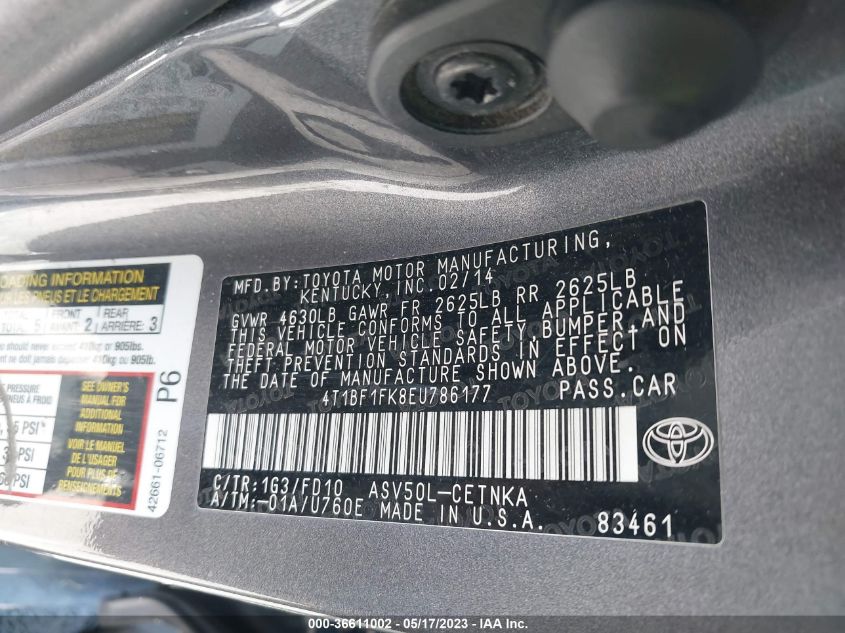2014 TOYOTA CAMRY L/LE/XLE/SE/SE SPORT - 4T1BF1FK8EU786177