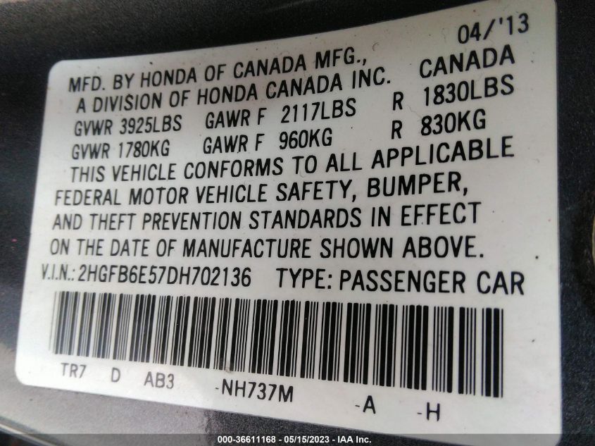 2013 HONDA CIVIC SDN SI - 2HGFB6E57DH702136