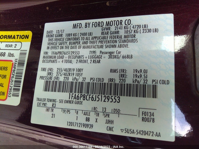 VIN 1FA6P8CF6J5129553 2018 FORD MUSTANG GT