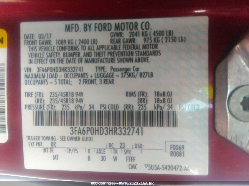 2017 FORD FUSION SE - 3FA6P0HD3HR332741