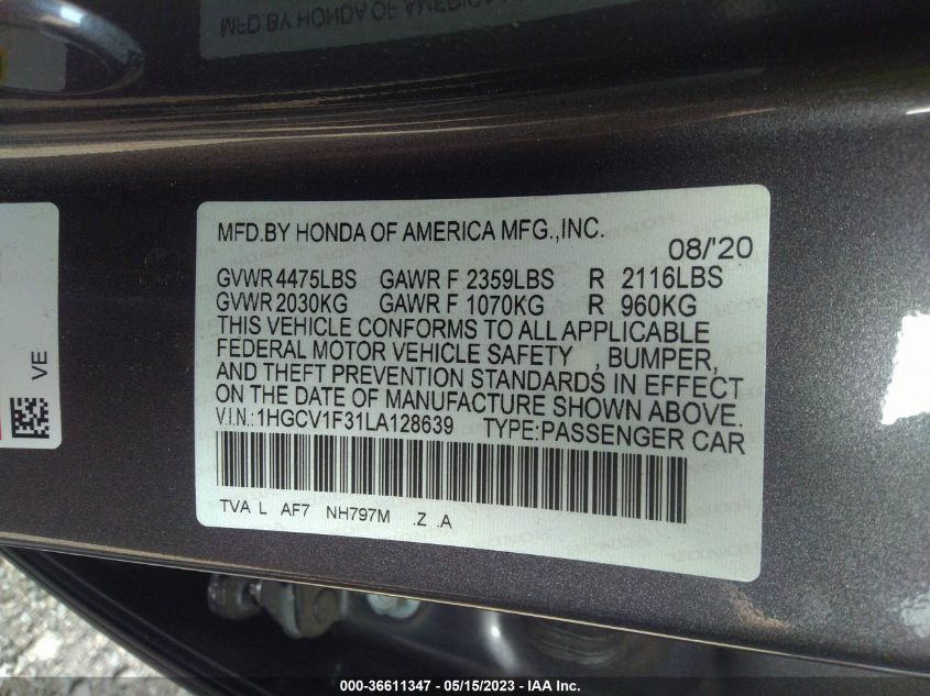 2020 HONDA ACCORD SEDAN SPORT - 1HGCV1F31LA128639