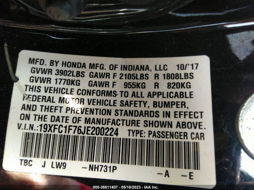 2018 HONDA CIVIC SEDAN EX-L - 19XFC1F76JE200224
