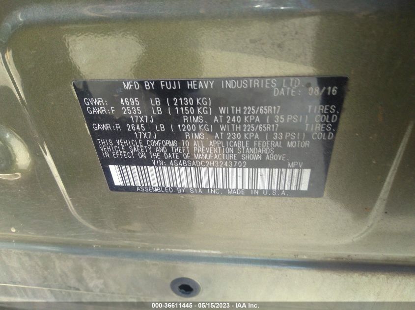 2017 SUBARU OUTBACK PREMIUM - 4S4BSADC2H3243702