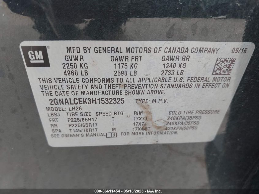 2017 CHEVROLET EQUINOX LT - 2GNALCEK3H1532325