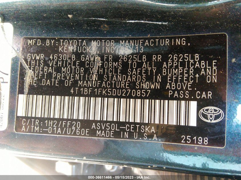 2013 TOYOTA CAMRY L/LE/SE/XLE - 4T1BF1FK5DU270857