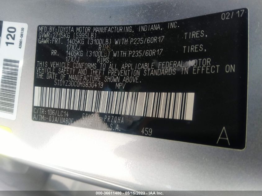 2017 TOYOTA SIENNA XLE AUTO ACCESS - 5TDYZ3DC0HS830419