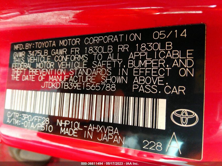 2014 TOYOTA PRIUS C ONE/THREE/TWO/FOUR - JTDKDTB39E1565788