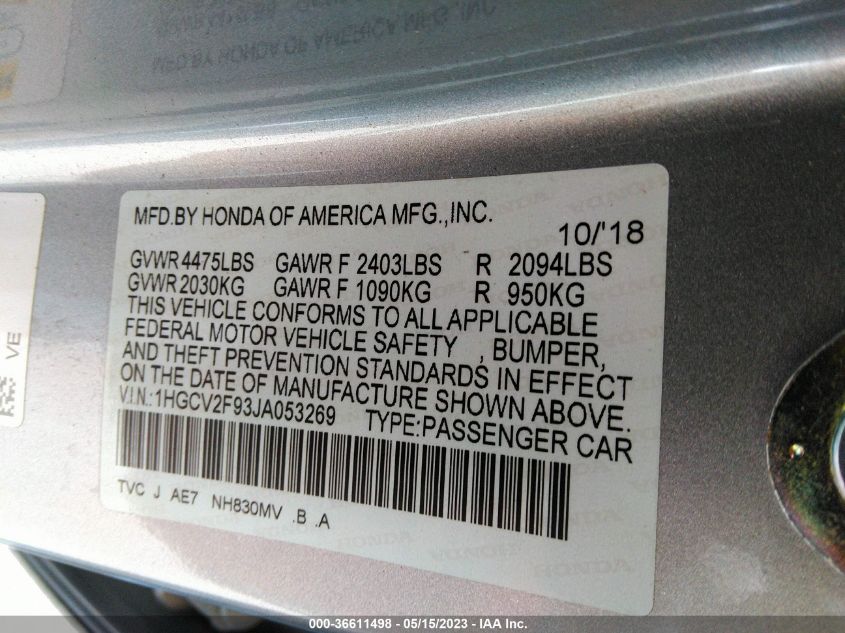 2018 HONDA ACCORD SEDAN TOURING 2.0T - 1HGCV2F93JA053269