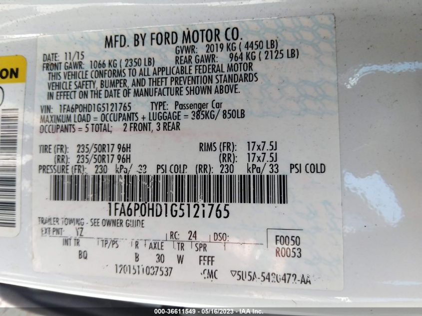 2016 FORD FUSION SE - 1FA6P0HD1G5121765