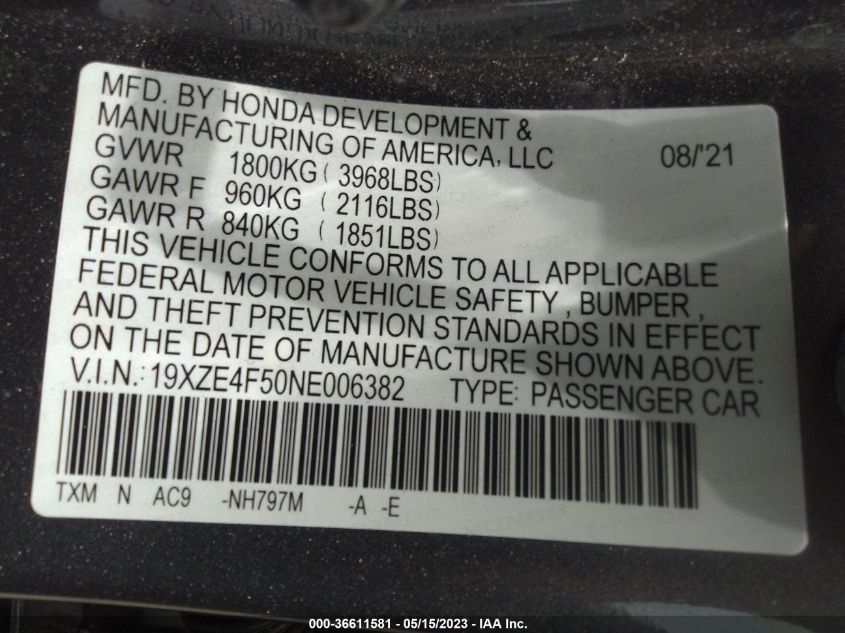 2022 HONDA INSIGHT EX 19XZE4F50NE006382