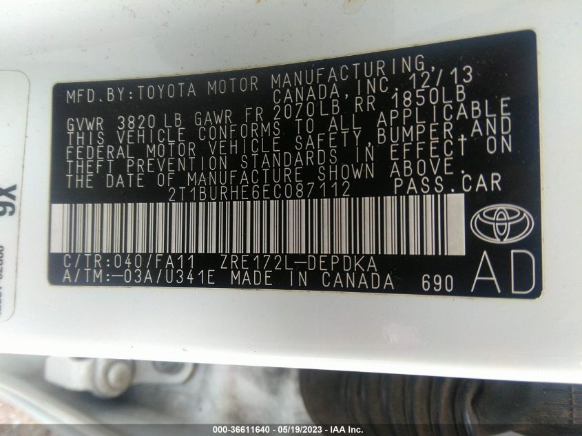 2014 TOYOTA COROLLA L/LE/S/S PLUS/LE PLUS - 2T1BURHE6EC087112