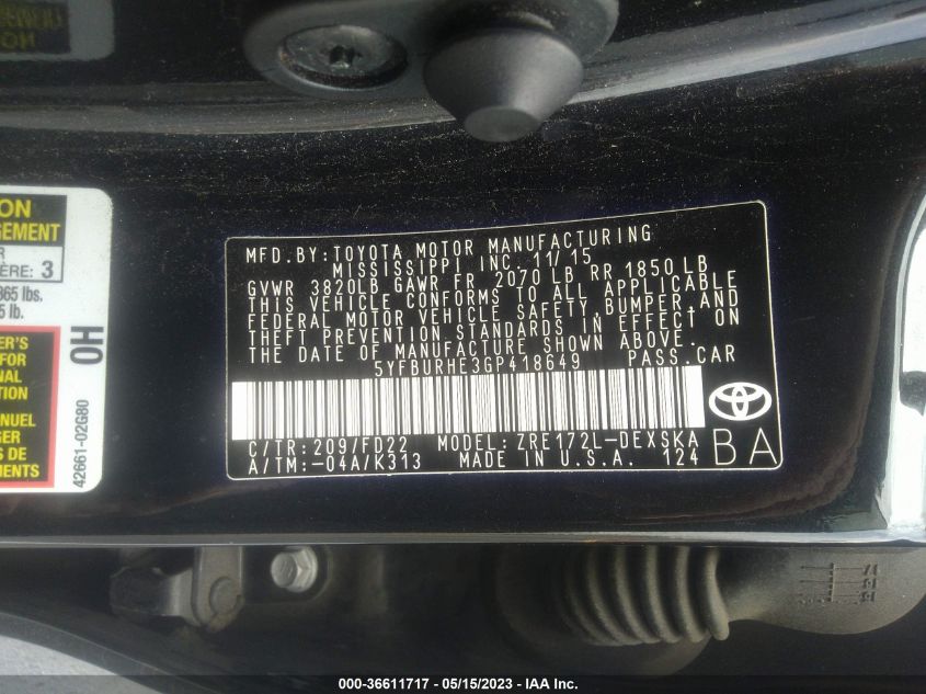 2016 TOYOTA COROLLA L/LE/S/S PLUS/LE PLUS - 5YFBURHE3GP418649
