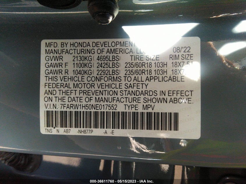 VIN 7FARW1H50NE017552 2022 HONDA CR-V EX