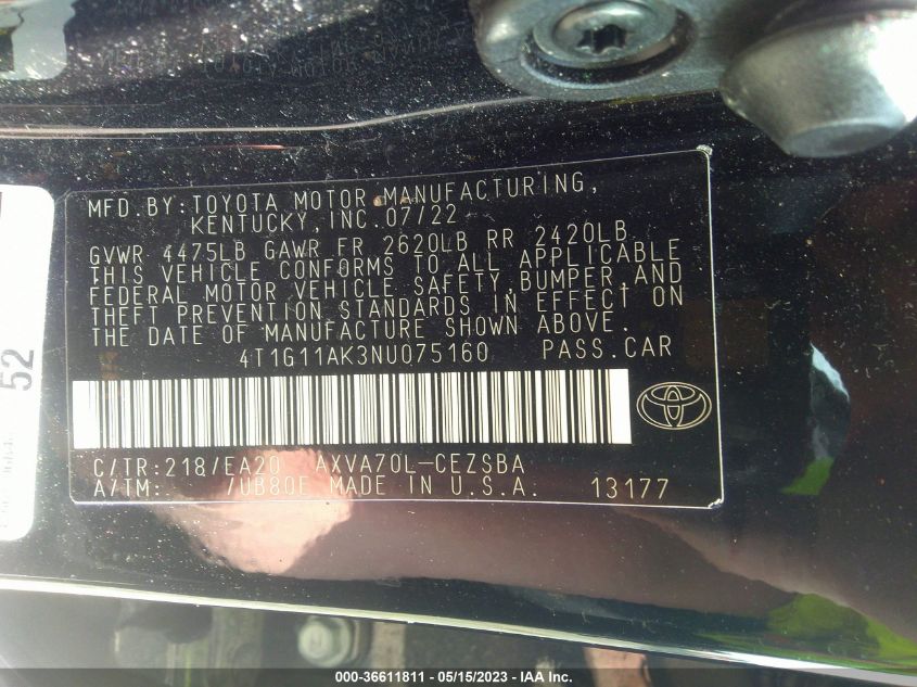 2022 TOYOTA CAMRY SE - 4T1G11AK3NU075160