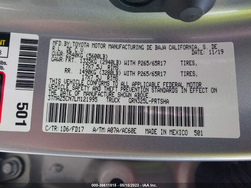 2020 TOYOTA TACOMA 2WD SR5/TRD SPORT - 3TMAZ5CN7LM121995