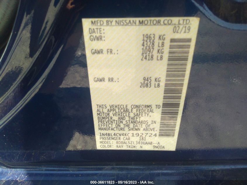 2019 NISSAN ALTIMA 2.5 SR - 1N4BL4CV4KC192724
