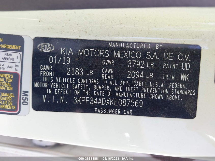 VIN 3KPF34ADXKE087569 2019 KIA FORTE S