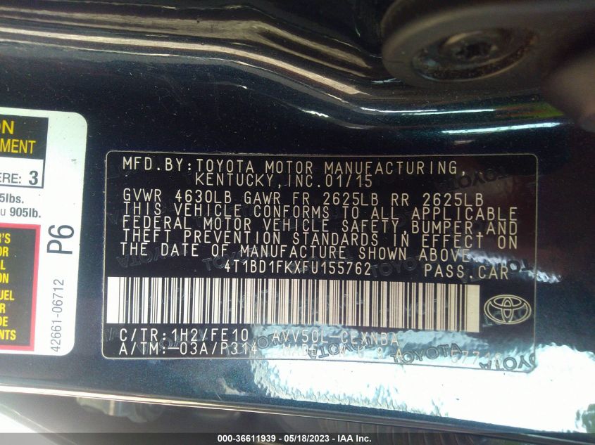 2015 TOYOTA CAMRY HYBRID LE/XLE/SE - 4T1BD1FKXFU155762