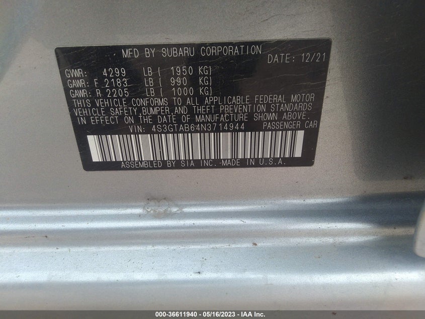 VIN 4S3GTAB64N3714944 2022 SUBARU IMPREZA