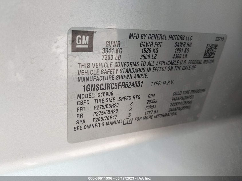 2015 CHEVROLET SUBURBAN LT - 1GNSCJKC3FR624531