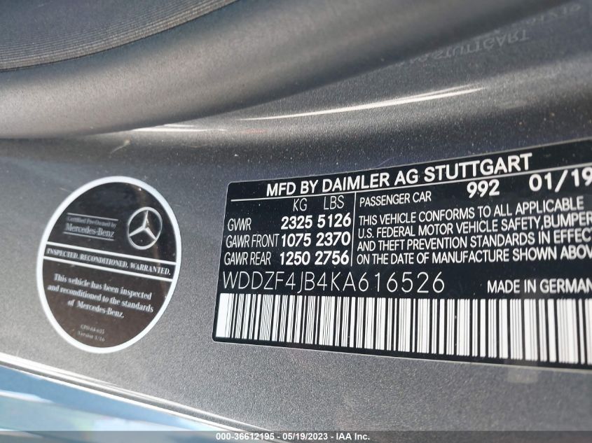 2019 MERCEDES-BENZ E-CLASS E 300 - WDDZF4JB4KA616526