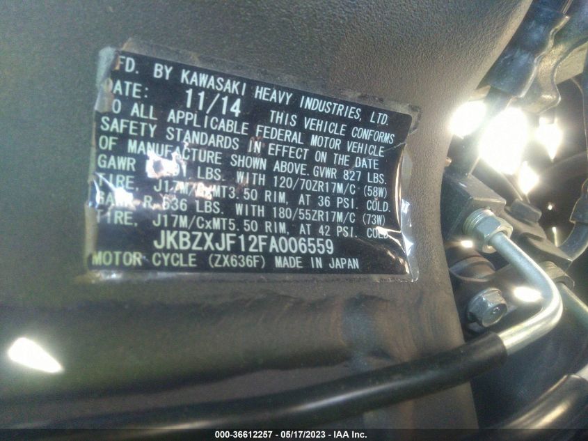 2015 KAWASAKI ZX636 F JKBZXJF12FA006559
