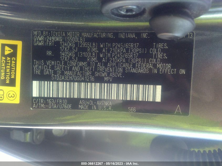 2013 TOYOTA HIGHLANDER - 5TDZA3EH7DS041216