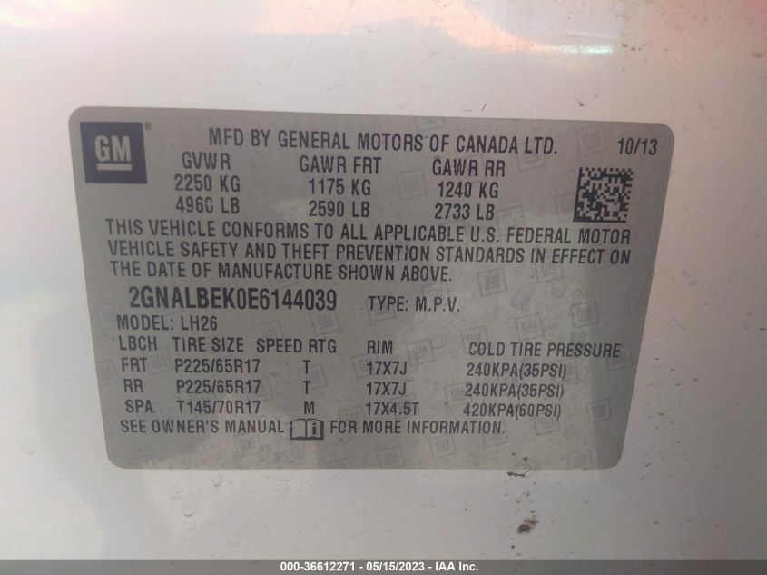 2014 CHEVROLET EQUINOX LT - 2GNALBEK0E6144039